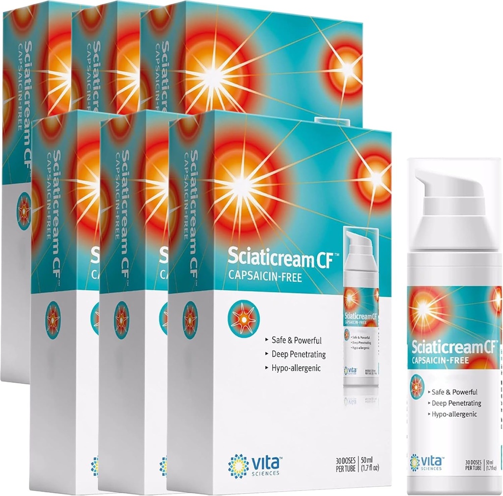 Vita Sciences Sciaticream CF: Rapid Soothing Cream for Sciatic Nerve with Arnica, B1, B5, B6, MSM, Aloe and Coconut Oil Base. Capsaicin-FREE. Fast Acting Soothing Formula - Pack de 6