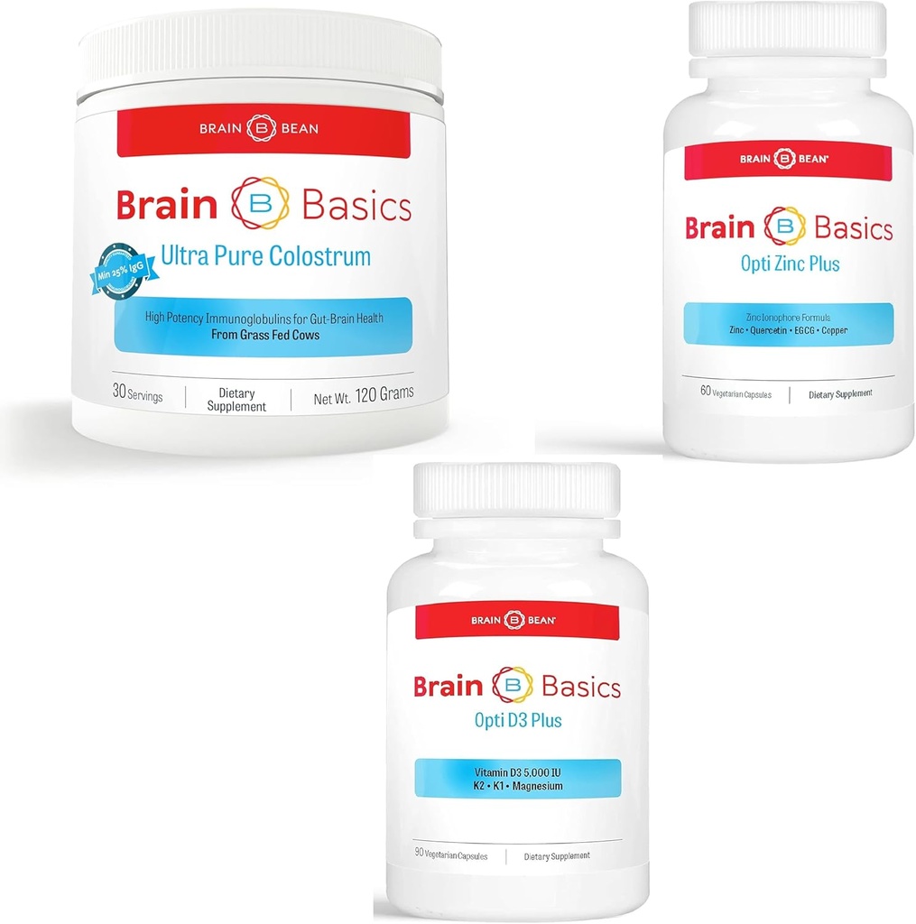 Básicos cerebrales Total Immunity Bundle: Ultra-Pure Colostrum, Opti Zinc Plus, " Opti D3 Plus Suplementos - Apoyo nutricional para el cerebro, sistema inmunológico " Gut Health