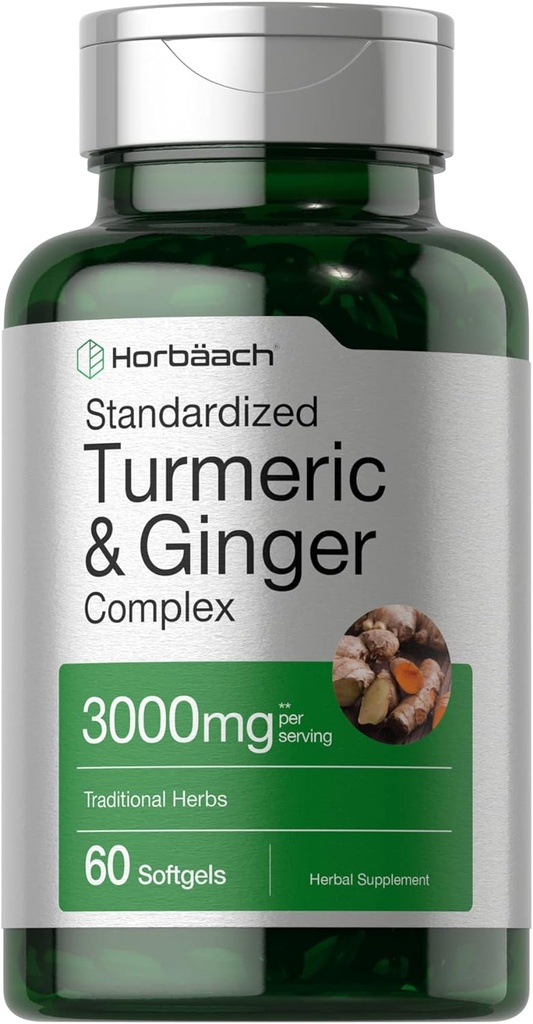 Horbäach Turmeric y Ginger Suplemento 3000 mg Silencio 60 Softgel Capsules Silencioso Complejo de Curcumina Turmérica con Pepper Negro Extracto ← No GMO, Gluten Free