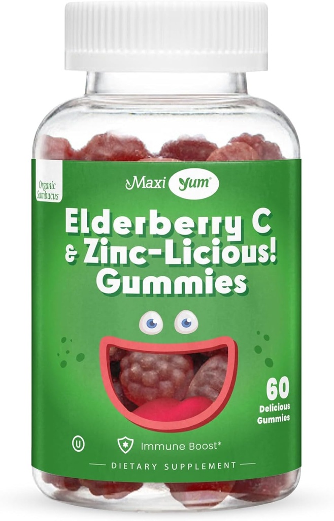 Elderberry Zinc Gummies - Orgánica Sambucus Elderberry Gummies with Zinc and Vitamin C - Vegan Immune Support for Adults and Kids - Chewable Elderberries Supplements for Immunity Boost - 60 Gummies