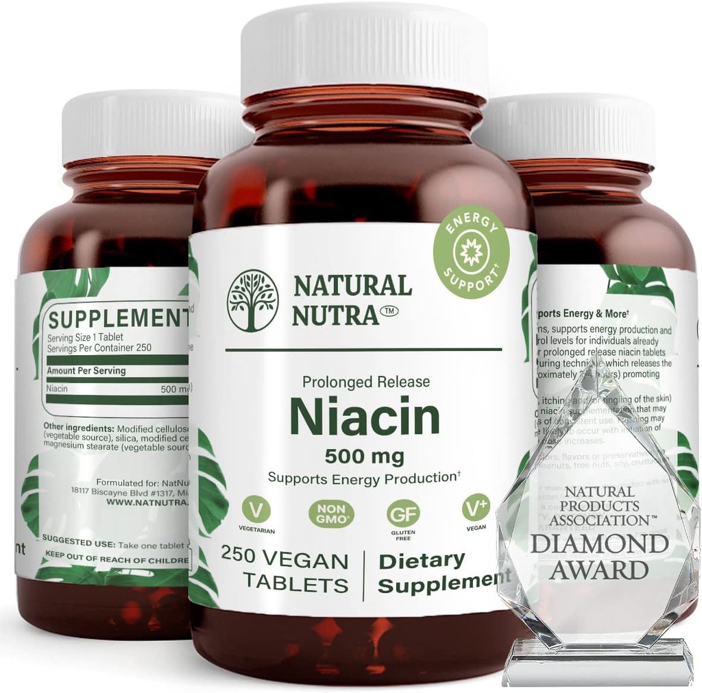 Natural Nutra Time-Release Slow Niacin 500mg (Vitamin B3), Apoya el colesterol saludable, promueve la salud cardiovascular, promueve las células de la piel y mejora la función cognitiva, 250 tabletas Vegan