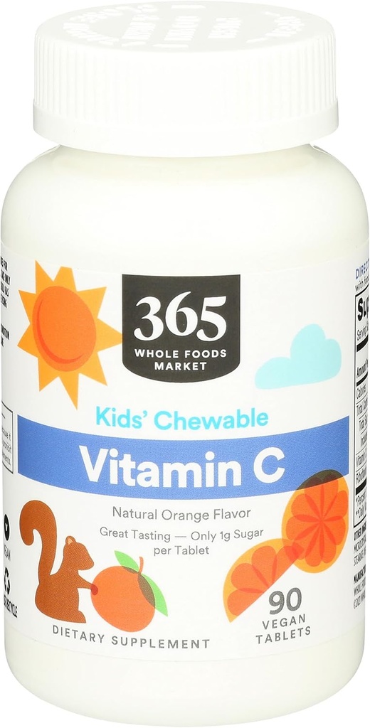 365 por Whole Foods Market, Kid' Chewable Vitamin C, Natural Orange Flavor, Vegan, 90 Cuenta