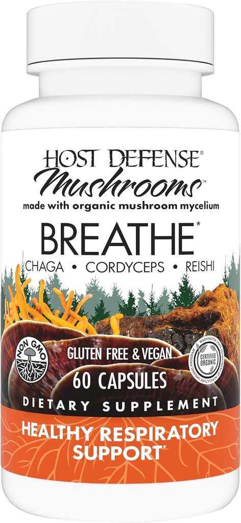 Host Defense Breathe* Capsules - Immune & Respiratory Support Mushroom Supplement - Herbal Lung Health Supplement with Chaga, Reishi & Cordyceps - 60 Capsules (30 Servings)*