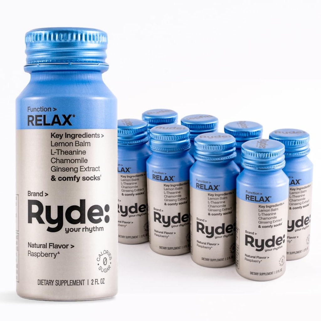 Ryde: Relájate Zapato tóxico Raspberry Flavor tóxico Lemon Balm, L-Theanine, Ginseng &amp; Chamomile Silencio 0 Calories, 0 Sugar Ø 2 FL OZ Shots  Helps You Relax* (8 Pack)