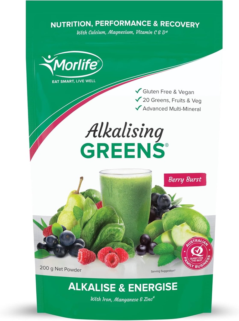 Morlife Alkalising Greens Powder Suplemento, Berry Burst, 20 Super Greens, Fruits and Vegetables, Pre &amp; Probiotics, Key Alkalizing Minerals, Vegetarian Superfood Formula, 7 oz, 20 Servings