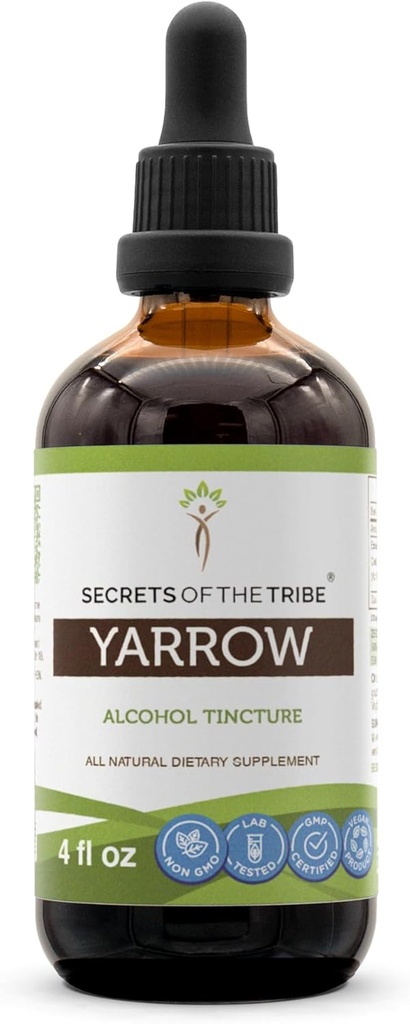 Secretos del extracto líquido de Tribe Yarrow Alcohol, Yarrow (Achillea millefolium) Leaf seco y Flor Tintura Suplemento (4 FL OZ)