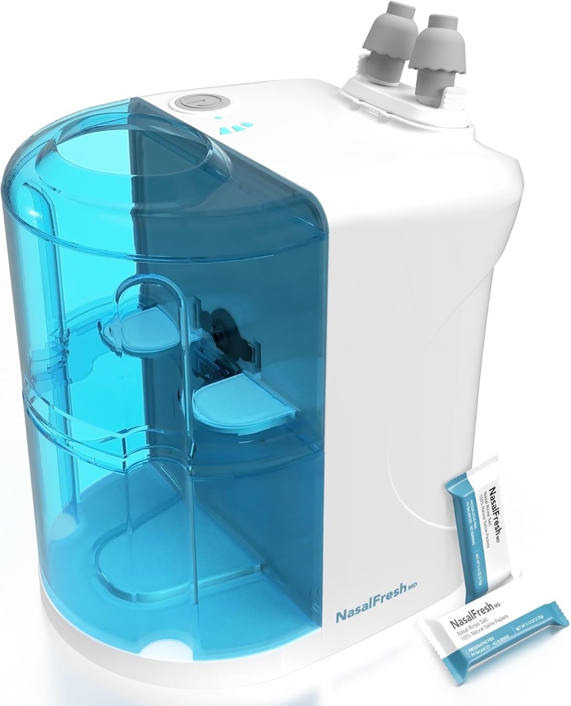 NASALFRESH MD - Dual Powered Nasal Irrigation System Nasal Rinse and Wash - Sinus Decongestant Relief System w/ 30 Saline Packets - Recargable - 1 Conjunto de almohadas de nariz - Snoring Remedy
