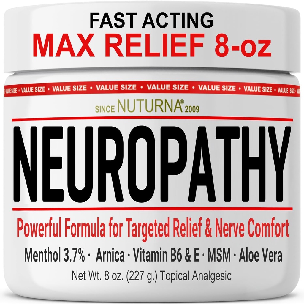 Neuropatía Crema de Alivio Nerve - Actuación rápida Max Alivio para Manos de Pie Legs Dedos De Regreso - Ultra Strength Menthol Arnica Aloe Vera MSM, Soothing Natural Nerve Comfort Relief, Super Grande 8 oz