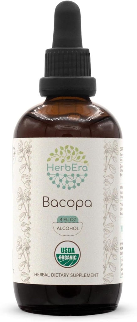 HerbEra Bacopa A120 USDA Organic Tincture TENIDO Alcohol Extract, High-Potency Herbal Drops, Relax, Positive Cognitive Effect TEN Certified Organic Bacopa (Bacopa Monnieri) Dried Herb (4 fl oz)