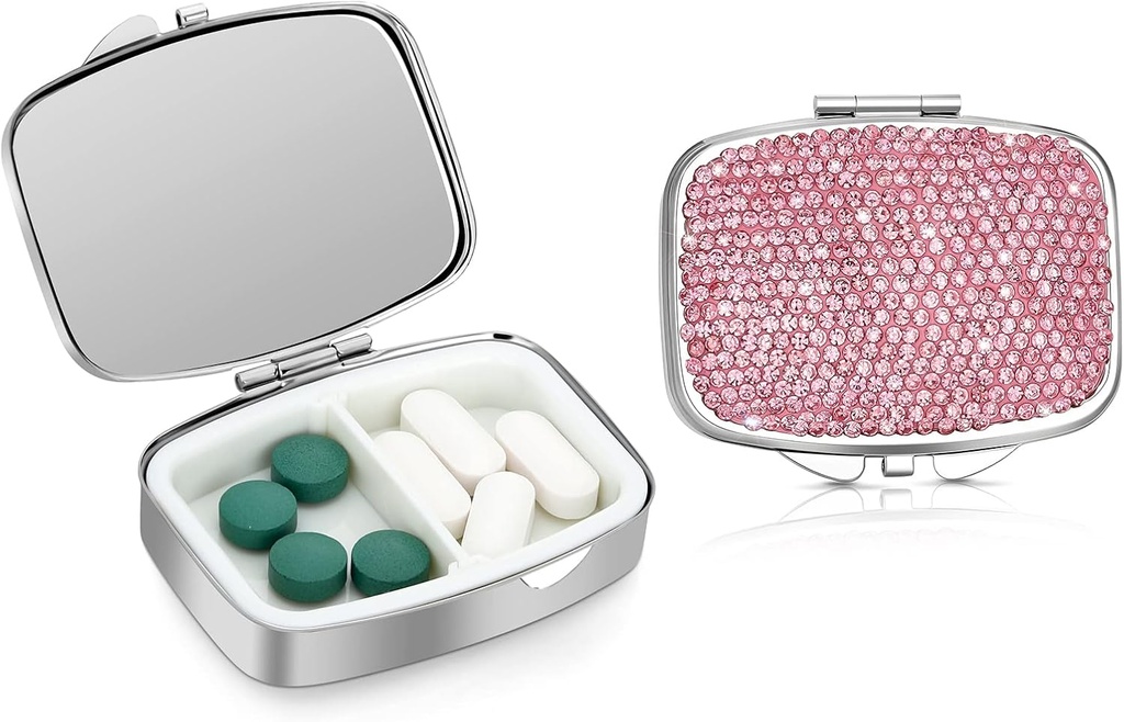 Soleebee Bling Crystal Pill Box, Portable 2 Compartments Daily Pill Organizer, Small Travel Pill Fund for Purse or Pocket, Medicine Vitamin Pill Container Organizer (Pink)