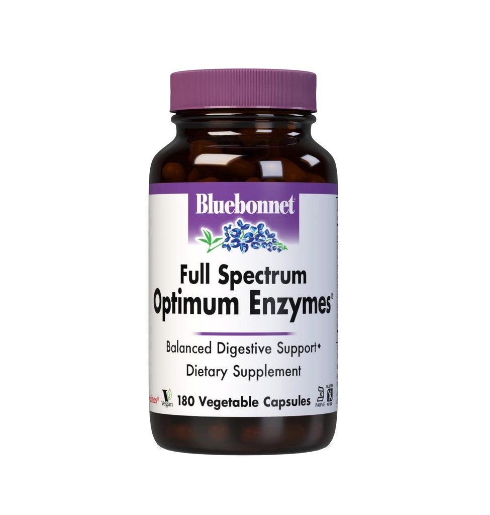 BlueBonnet Full Spectrum Optimum Digestive Enzymes - 9 Plant-Based Proteolytic Enzymes - Papaya, Bromelain, Amylase Gut Health for Women &amp; Men - Vegan & Gluten-Free - 180 Vegetable Capsules