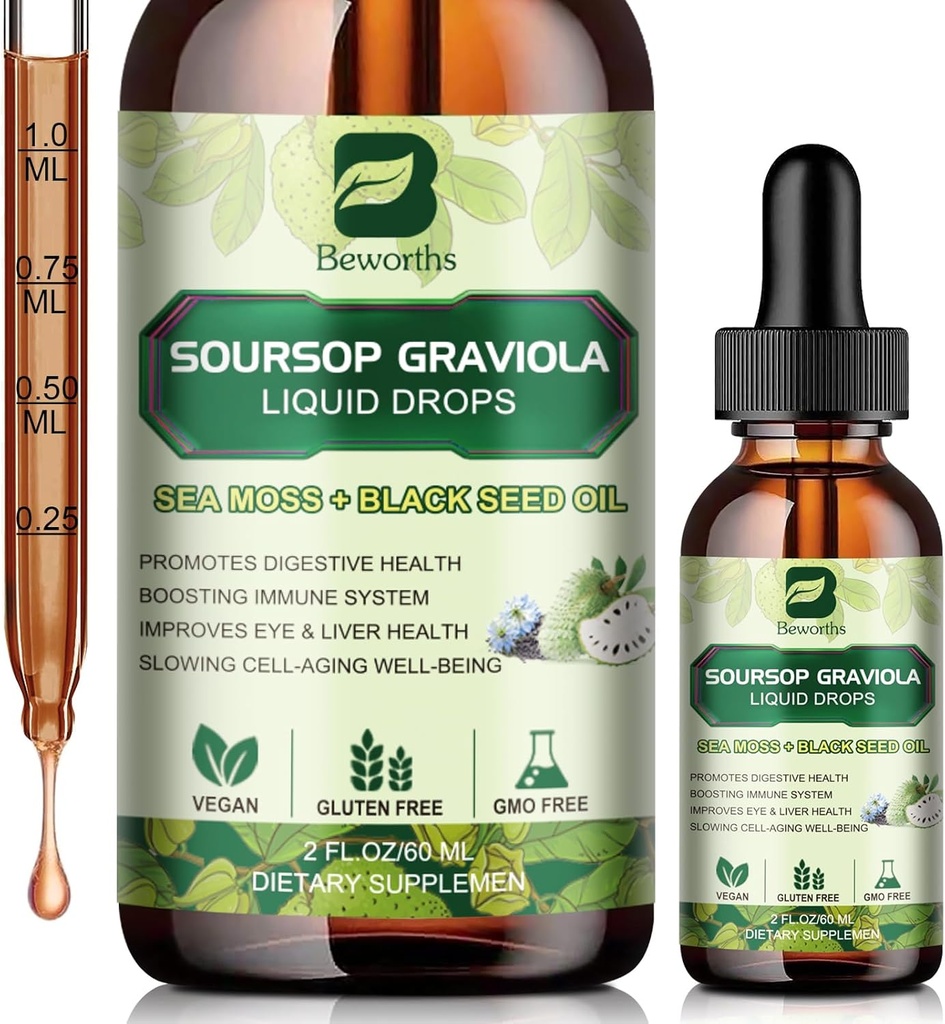 Soursop Bitters Liquid Drops, Soursop Graviola Leaf Extract Multivitamin Drops with Sea Moss Black Seed Oil Supplement - Supports Antioxidant, Slowing Cell-Aging, Gut Cleanse, Detox &amp; Immunity Health