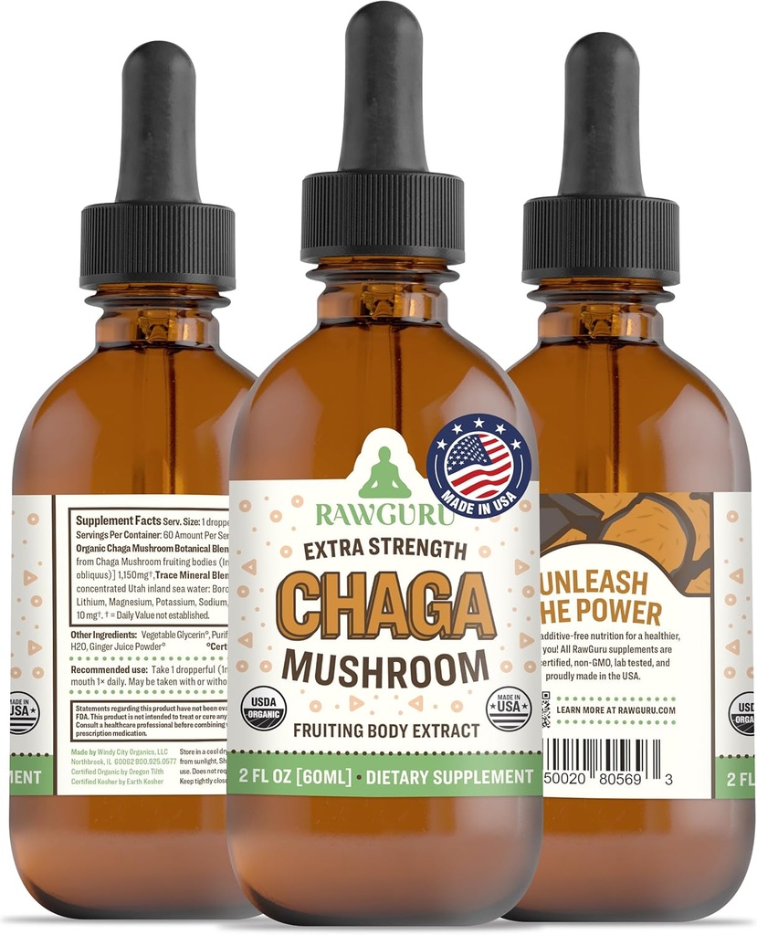 RawGuru Chaga Mushroom Supplement - Vegan Chaga Mushroom Extract with Trace Minerals - Nano-Processed Immunity Boost " Cognitive Supplement Tincture - 60 Servings of Vegan Drops per 60 ml, Pack of 1