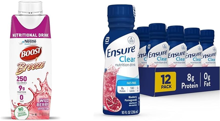 BOOST Breeze Clear Nutritional Drink, 9g Protein, 250 Nutrient-Rich Calories, Wild Berry, 8 fl oz &amp; Ensure Liquid Clear Nutrition Drink, 0g fat, 8g de proteína, Blueberry Pomegranate, 10 Fl Oz