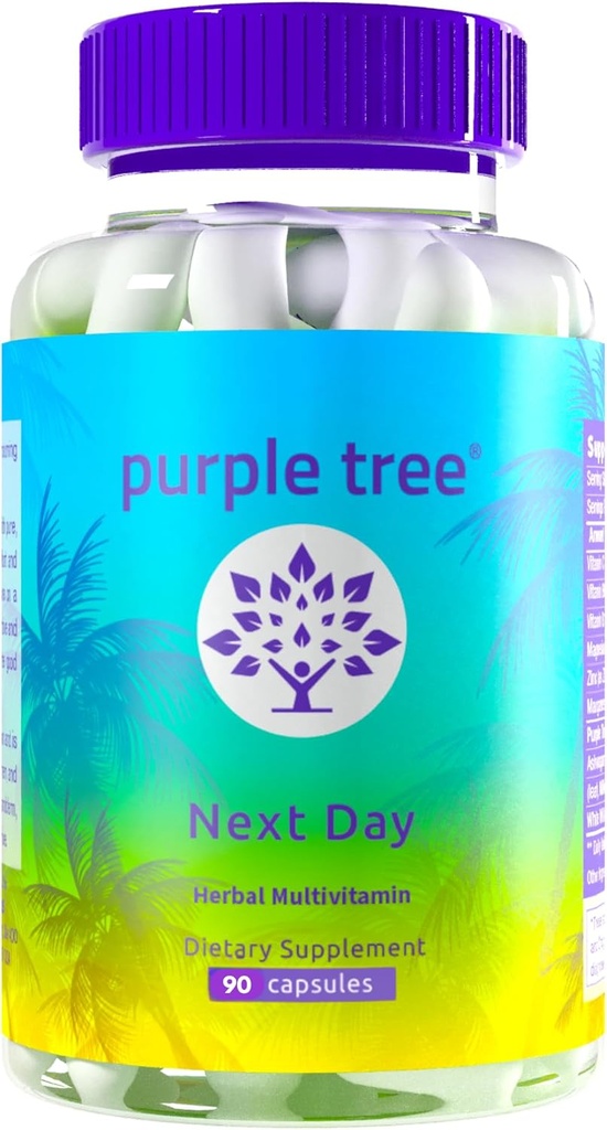 árbol púrpura siguiente día – Post-Celebration Wellness Suplemento Silencioso “Tome Tomorrow” Blend to Replenish, Restore &amp; Feel Your Best with Milk Thistle, Electrolytes, Ashwagandha & Vitamins latitud 90 cápsulas