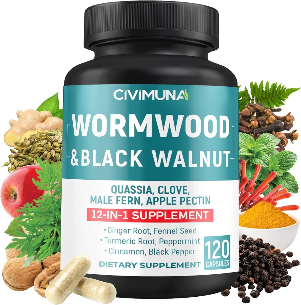 Wormwood Extract Capsules -120 Capsules - 4 meses Suministro con hojas de nuez negras, cuasi