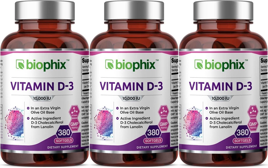 biofix Vitamina D-3 10000 UI 380 Softgels 3 Pack - High-Potency in Extra Virgin Olive Oil Non-GMO Soy-Free Supports Strong Bones Immune Health