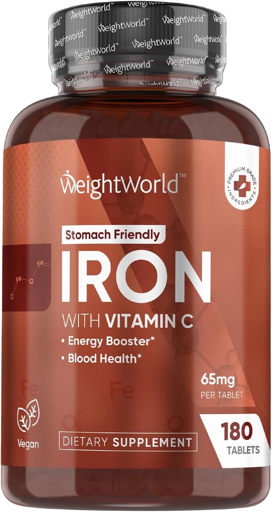 WeightWorld Iron Supplement 65mg - with Vitamin C 125mg - 180 Vegan Tablets (6 Meses Supply) - Gentle Carbonyl Iron Supplement for Women &amp; Men - Energy Booster &amp; Blood Heath - Non-GMO &amp; Gluten-Free