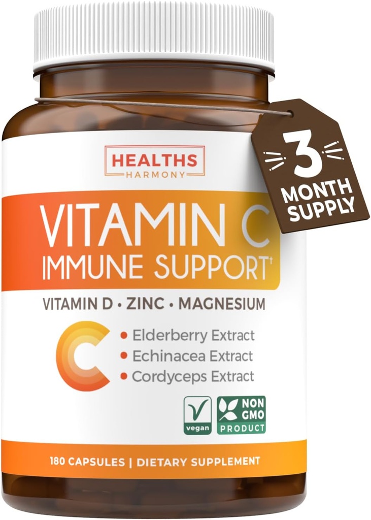 Suplemento de soporte de vitamina C - Immune Boost Blend con vitamina C y zinc para soporte diario de temporada - Magnesium Zinc VIT C &amp; D y Complejo de Defensa de hierbas (3 meses de suministro)