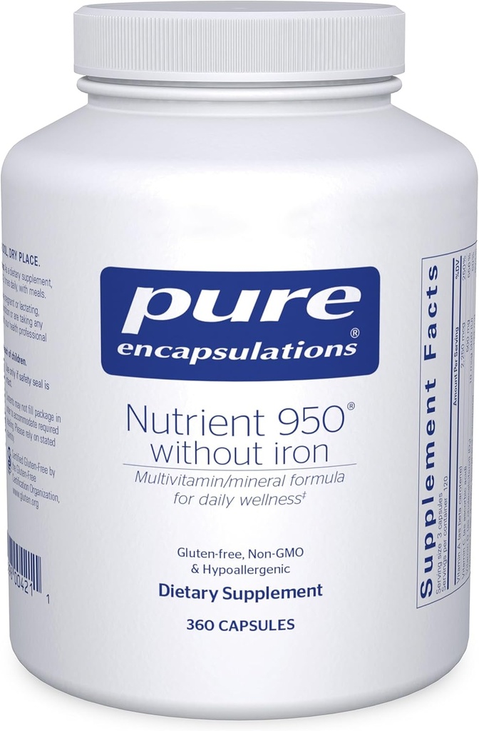 Encapsulaciones puras Nutrient 950 Sin Hierro tención Suplemento para apoyar la salud cardiovascular, inmune y celular, huesos, metabolismo hormonal y utilización de carbohidratos* Ø 360 cápsulas