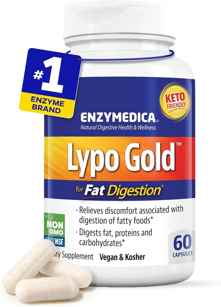 Enzymedica Lypo Gold, High Potency Lipase Digestive Enzymes for Fat Digestion, Supports Occasional Bloating Relief & Digestive Health, Keto-Friendly, Vegan, 60 cápsulas