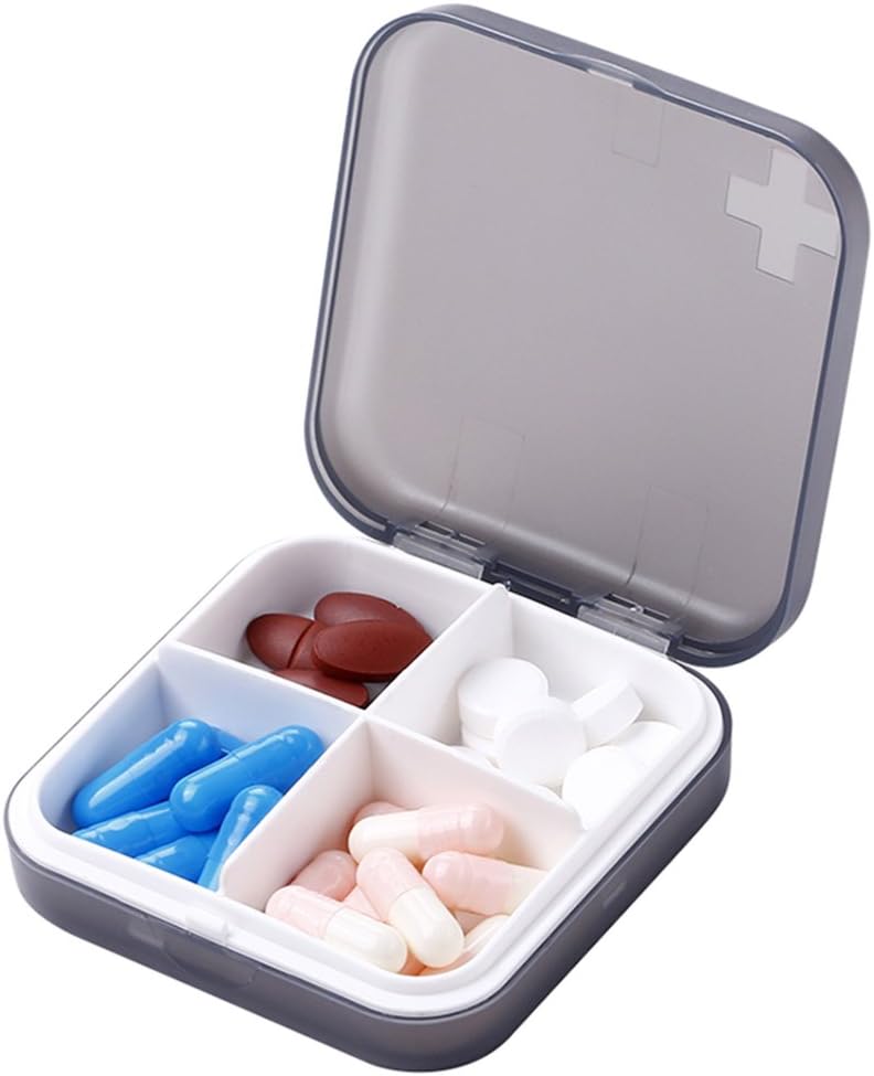 Portable Pill Organizer - Slim Pill Box for Purse or Travel, Compact Pill Case(4 Compartment,Gray)