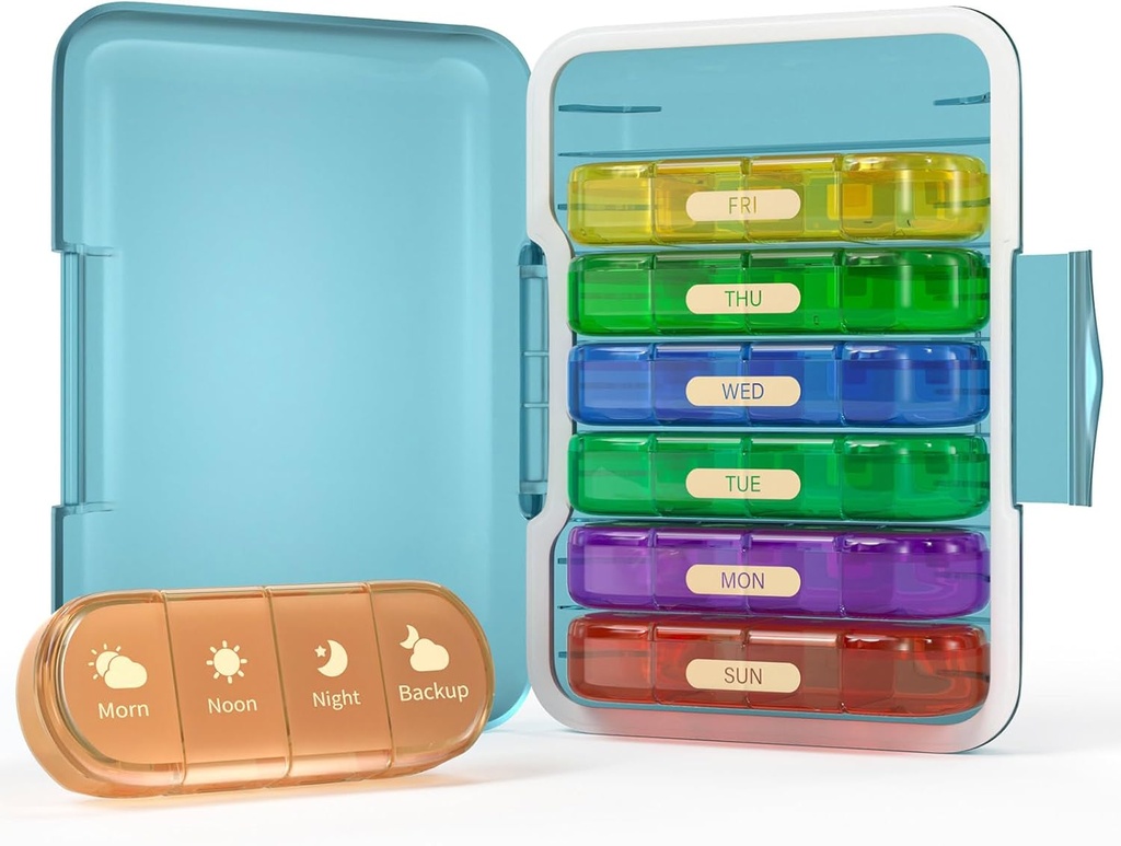 Organizador semanal de píldoras 4 veces al día, 7 Day Pill Box 4X, Portable for Travel Pills/Vitamin/Fish Oil/Medication/Supplements (4x7 Blue+Rainbow)