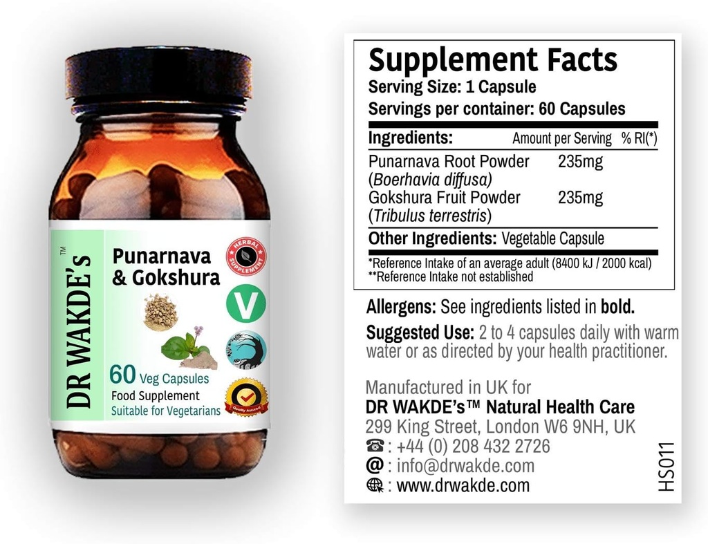 Capsules de Punarnava & Gokshura de DR WAKDE (60 Veg Caps, promueve el Flush urinario saludable, suplemento ayurvédico, Vegan, Herbal, All Natural, Made in UK)