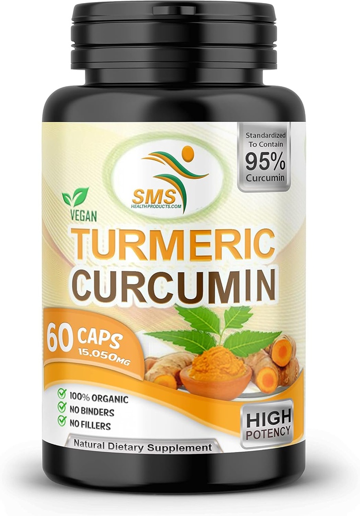 Curcumina Turmérica Pura 1000 mg Pepper Negro Extracto 95% CURCUMINOIDS,N GMO, Aumento de la absorción, Gluten Gratis, 500 mg 60 cápsulas vegetales