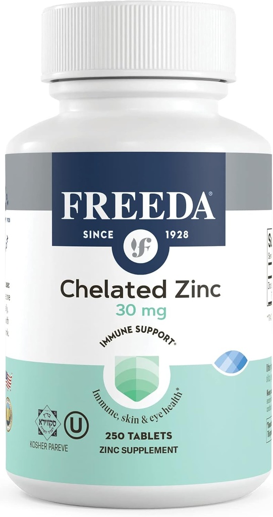 Freeda Chelated Zinc 30mg – TRAACS® Zinc Bisglycinate for High Absorption – Vegan, Kosher, Gentle on Stomach – Immune Support for Adults, Men &amp; Women – 250 Tiny Tablets