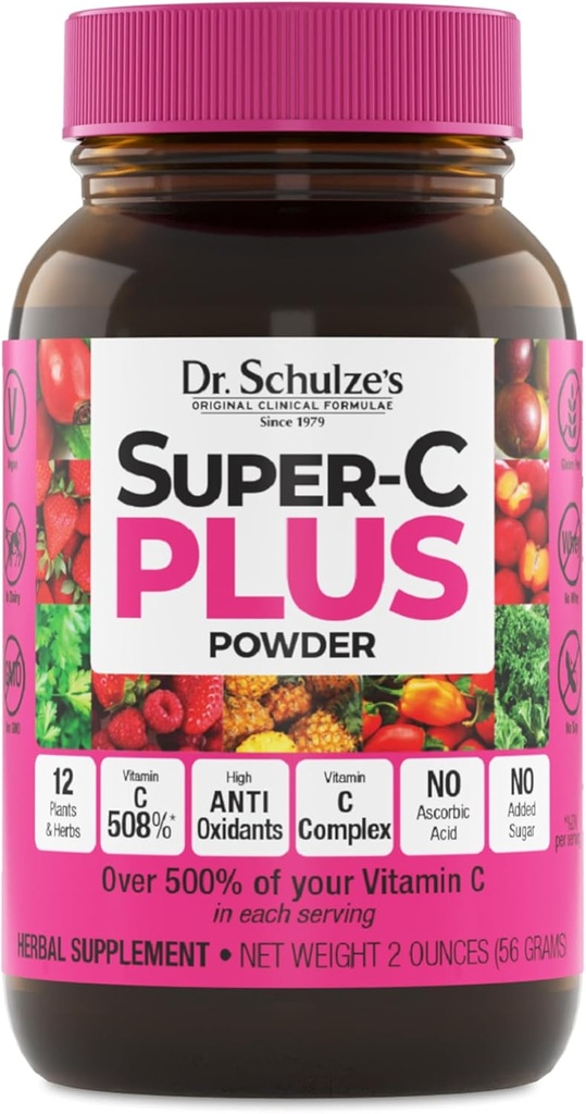 Super-C Plus del Dr. Schulze - Suplemento de vitamina C para soporte de inmuno - Salud de la piel &amp; soporte antioxidante - Fórmula de alta potencia - Superalimentos basados en plantas - Gluten-Free &amp; Vegan - 2 oz (20 Servings)