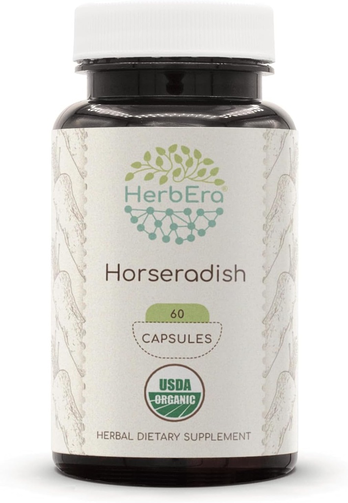 HerbEra Horseradish USDA Organic 60 Capsules ← Suplemento Natural Herbal Silencio Certified Organic Vegetarian Capsules and Organic Horseradish (Armoraciaana rústico) Dried Root (60 Capsules)