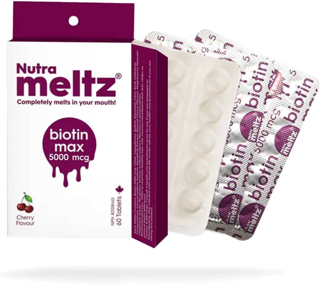 Nutra meltz Biotin 5000 mcg – apoya el crecimiento del cabello, promueve las uñas sanas y la piel de espuma rápida Tablas de resolución para la deficiencia de biotina – Cherry Flavor (60 Tablets)
