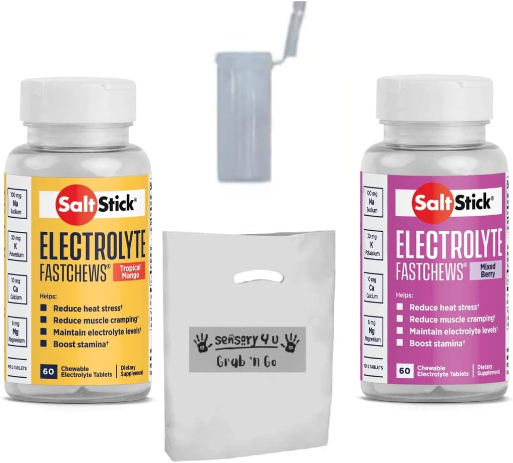 SENSORY4U Grabar &amp; Go Gift Set - SaltStick FASTCHEWS Variedad 2-Pack - 60 Conde Botellas de Mango Tropical & Berry Mixed con Tube Listo para Carrera