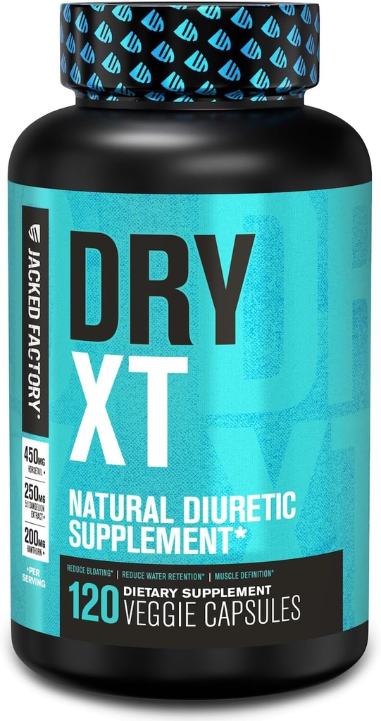 Píldoras de agua diurética de la fábrica de Jacked Dry-XT - Suplemento natural TEN reduce la retención de agua " Bloating TEN Dandelion Extract, Potasio, 7 Más potentes ingredientes - 120 cápsulas de verduras