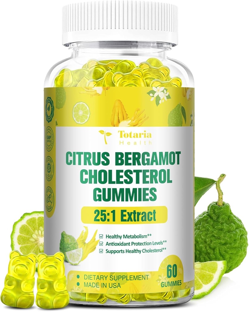 Citrus libres de azúcar Bérgamo Gummies para el colesterol saludable - Todos los suplementos naturales 25:1 Extracto del suplemento de Bérgamo italiano para el alto colesterol Apoyo sano anti- envejecimiento vegetariano libre de azúcar
