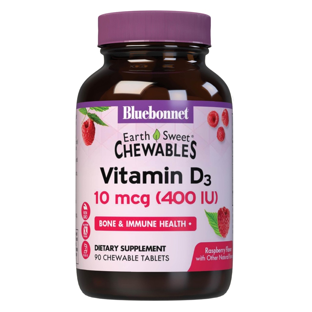 BlueBonnet Nutrition EarthSweet Vitamin D3 400IU - Bone & Immune Support Supplement - Raspberry Chewable Vitamin D Supplement for Women & Men - Soy-Free, Gluten-Free, Non-GMO - 90 Tablets