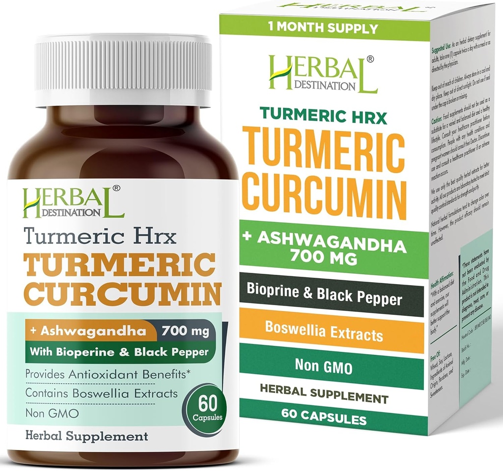 Suplemento Turmérico Hrx- Immune Suplemento, Metabolismo Booster Joint Support Suplemento con Turmeric Curcumin, Boswellia, Curcuma " Black Pepper Extract - 60 cápsulas