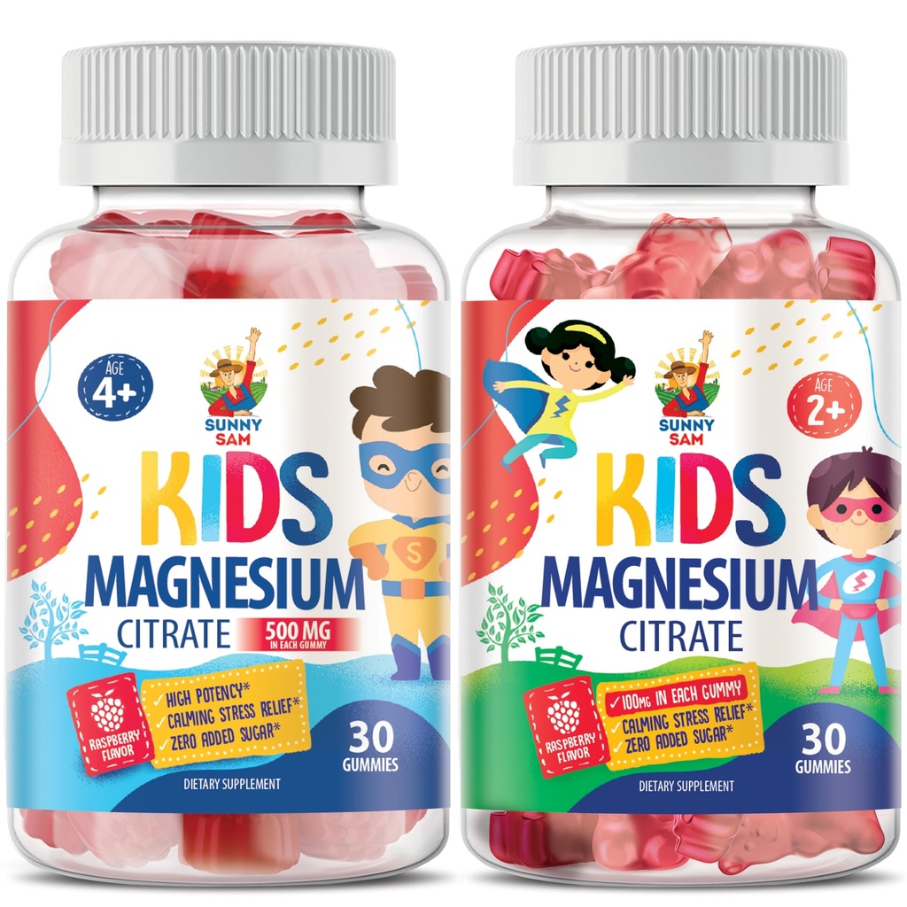 SUNNY SAM Magnesium Gummies for Kids - 100mg y Magnesium Gummies for Kids 500mg. Magnesium Chews - Magnesium Citrate Chewable Suplemento para Mood &amp; Muscle Support