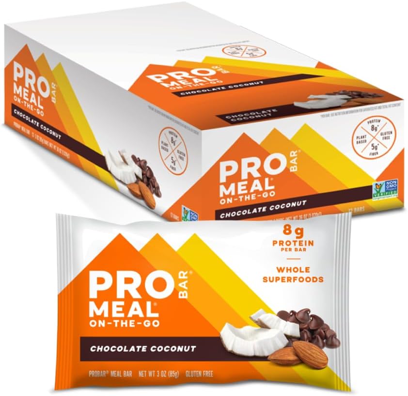 PROBAR - MEAL Bar, Chocolate coco, No GMO, Libre de gluten, Saludable, Planta-Basada, Ingredientes de todo el alimento, Energía Natural (12 Conteo)