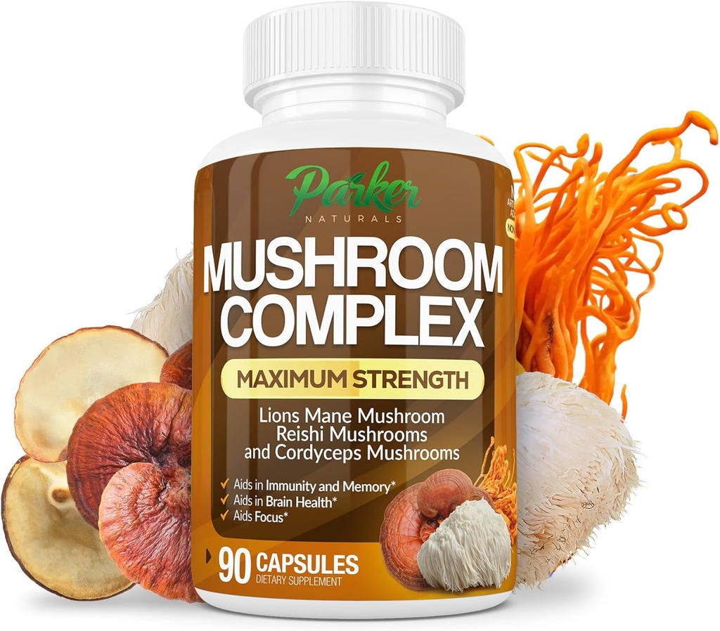 Parker Naturals Mushroom Complex Capsules, Premium Lions Mane, Cordyceps y Reishi Mushroom Suplemento, Maximum Strength Organic Mushrooms Suplemento, 90 cápsulas