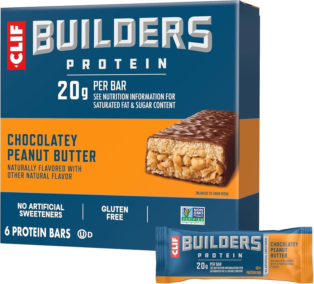 CLIF BUILDERS Protein Bars - Chocolate Peanut Butter Flavor - 20g Plant Based Protein - Gluten Free - Non-GMO - Low Glycemic - No Artificial Sweeteners - 2.4 oz. (6 Pack)