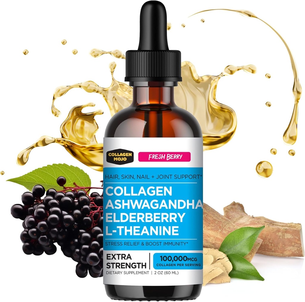 Collagen Mojo - Collagen líquido para hombres y mujeres, péptidos colágenos con Ashwagandha, Elderberry &amp; L-Theanine - Cabello, Esquí, uñas, soporte conjunto de estrés, alta absorción - 100.000mcg, 2 Oz