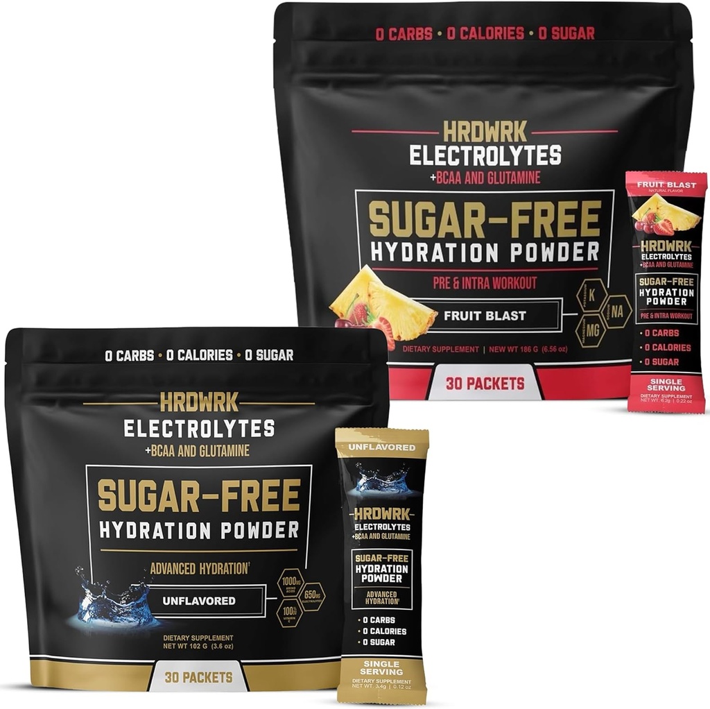 HRDWRK Electrolyte Packets for Hydration Variety Bundle with Magnesium, Potassium Sodium, BCAAs and Glutamine, ¦ Keto Electrolytes Powder with No Sugar, Unflavored & Fruit Blast (60 Count)