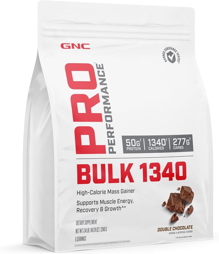 GNC Pro Performance Bulk 1340 Mass Gainer Protein Powder, 50g, Gluten Free, Whey, Creatine, BCAA, 3rd Party Tested, Muscle Recovery &amp; Growth, Micronutrientes, Double Chocolate, 9 Servings
