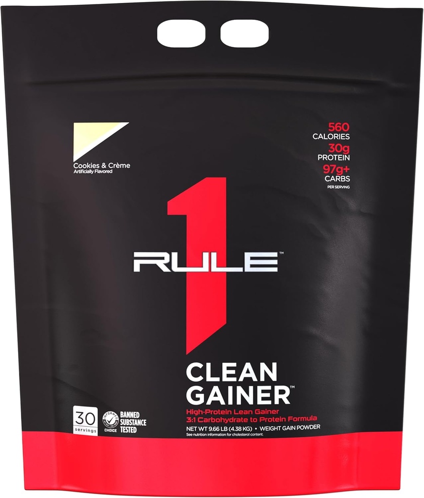Rule 1 Clean Gainer - High-Protein Lean Gain Formula with 560 Calories, 30g of Full-Spectrum Protein, Over 90g Carbs, Under 6g of Fat (30 Servings, Cookies & Crème)