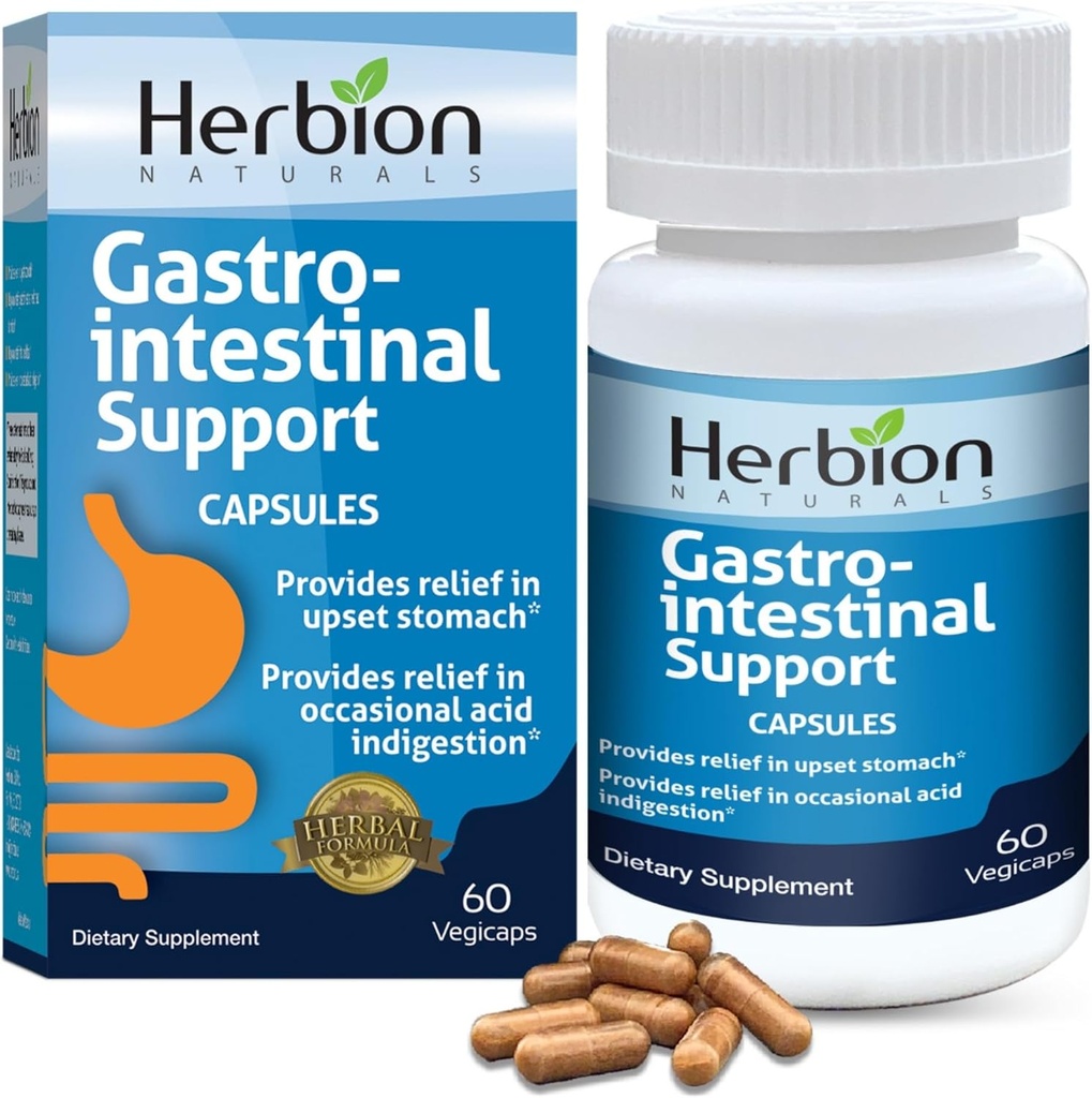 HERBION Naturals Gastrointestinal Support Herbal Blend for Upset Stomach Relief, Gastrointestinal Health and Function, Occasional Acid Indigestion, Healthy Intestinal Flora, 60 Cuenta, Pack of 1