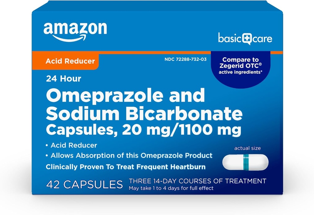   Basic Care Omeprazole and Sodium Bicarbonate Capsules, 20 mg/1100 mg, 24-Hour Frequent Heartburn Medicine, Acid Reducer Pills, 42 Count