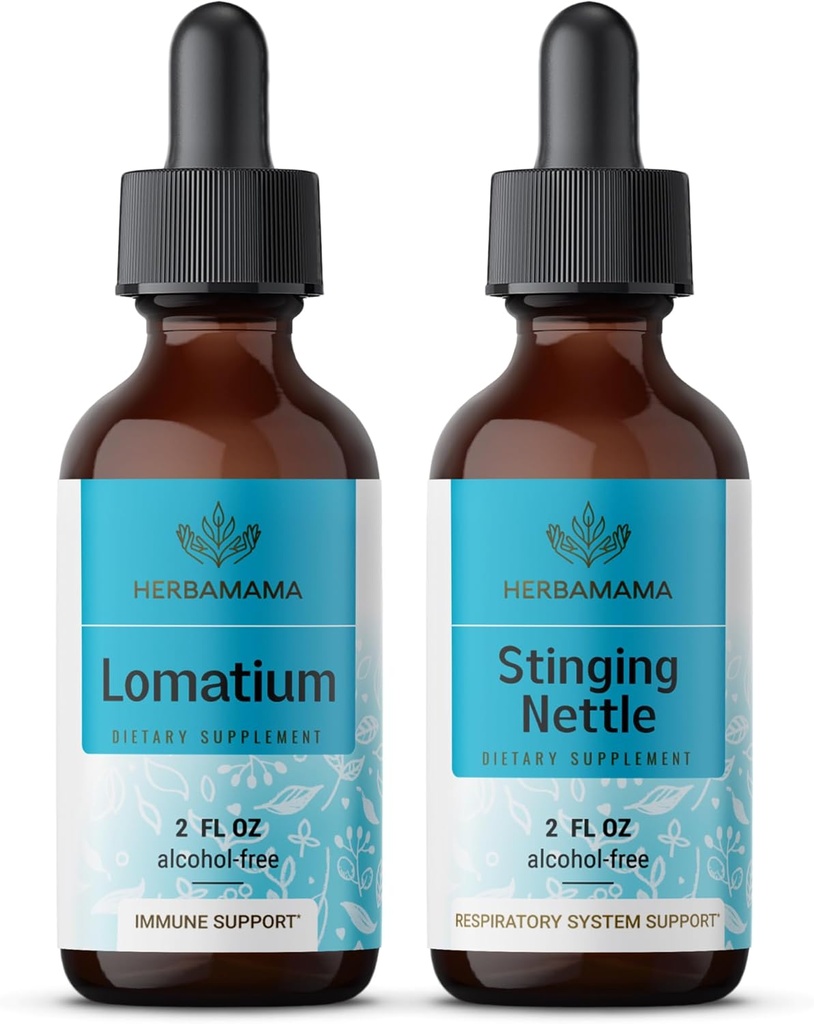 HerbAMAMA Herbal Liquid Drops Kit - Bundle of Lomatium Root Extract and Stinging Nettle Tincture 2 fl oz - Vegan, Non-GMO, Sugar &amp; Alcohol-Free - 2 Pack