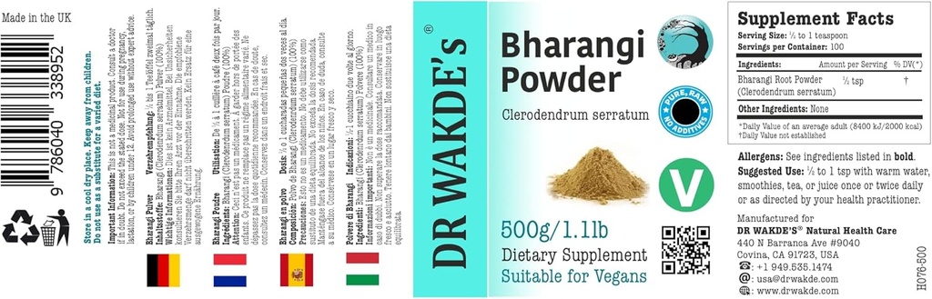 DR WAKDE'S Bharangi Powder (Clerodendrum serratum) - 500g (1.1lb) Silencio Pure, Raw &amp; Dried Powder ← Aroma natural y frescura ← Fine Powder ← Vegan ← Premium Grado Silencioso Nada Añadido, Nada Eliminado